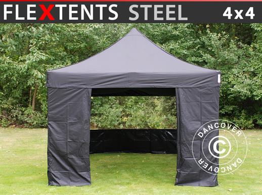 Snabbtält FleXtents Steel 4x4m Svart, inkl. 4 sidor