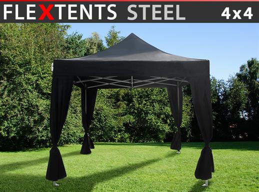 Prekybinė palapinė FleXtents Steel 4x4m Juoda, įsk. 4 dekoratyvinėmis užuolaidomis