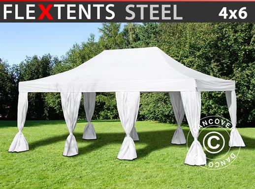 Tente Pliante FleXtents Steel 4x6m Blanc, avec 8 rideaux décoratifs