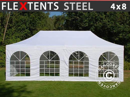 Prekybinė palapinė FleXtents Steel 4x8m Balta, įsk. 4 šonines sienas