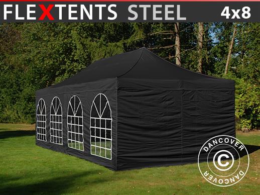 Faltzelt FleXtents Steel 4x8m Schwarz, mit 4 Seitenwänden