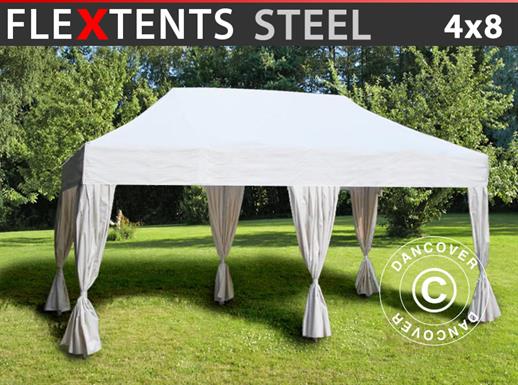 Tente Pliante FleXtents Steel 4x8m Blanc, avec 6 rideaux décoratifs