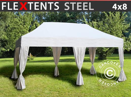 Faltzelt FleXtents Steel 4x8m Weiß, mit 6 Gardinen