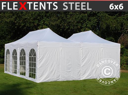Quick-up telt FleXtents Steel 6x6m Hvit, inkl. 8 sidevegger