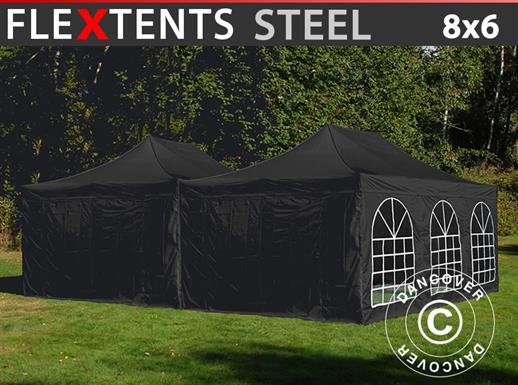 Tente pliante FleXtents Steel 8x6m Noir, 8 parois latérales inclus