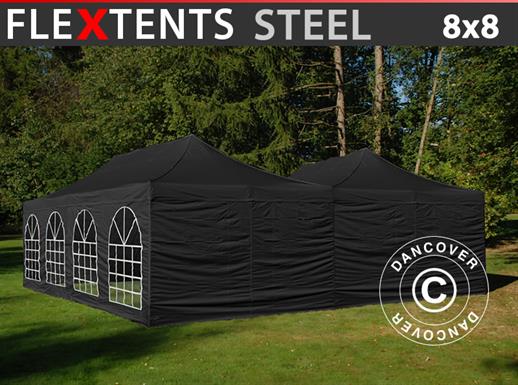 Tente pliante FleXtents Steel 8x8m Noir, 8 parois latérales inclus