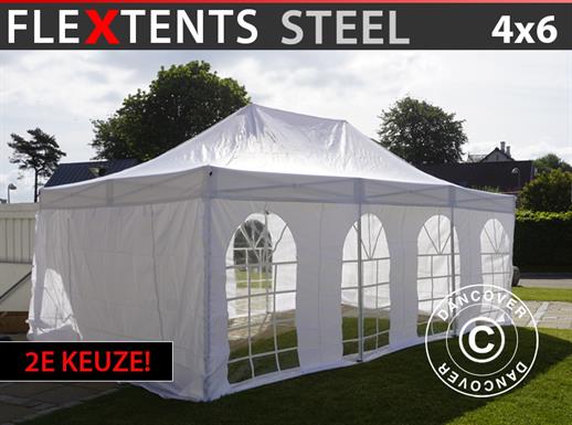 Vouwtent/Easy up tent FleXtents Steel 4x6m Wit, inkl. 4 Zijwanden. NB! 2e KEUZE