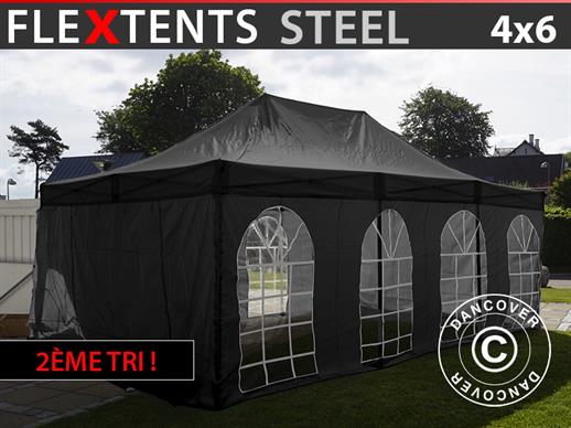 Tente Pliante FleXtents Steel 4x6m Noir, avec 4 cotés. NB! 2ème tri