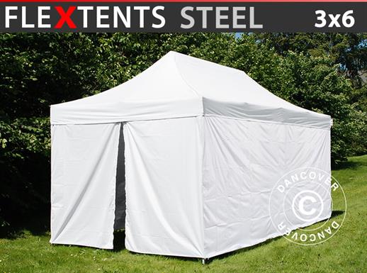 Gazebo pieghevole FleXtents® Steel, Tenda sanitaria e di Primo Soccorso, 3x6m, Bianco, incluse 6 pareti laterali