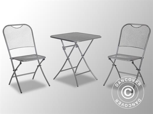 Salon d'extérieur, Café Latte, 1 table + 2 chaises, gris métallique