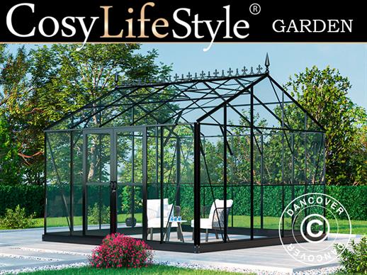 Serra Orangerie/Serra in vetro 13,8m², 3,73x3,71x3,16m con base e cresta vittoriana, Nero