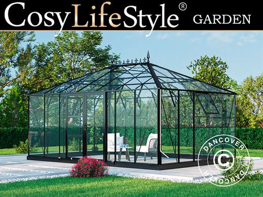 Invernadero/orangerie en cristal 19m², 5,14x3,71x3,15m con base y cumbrera, Negro