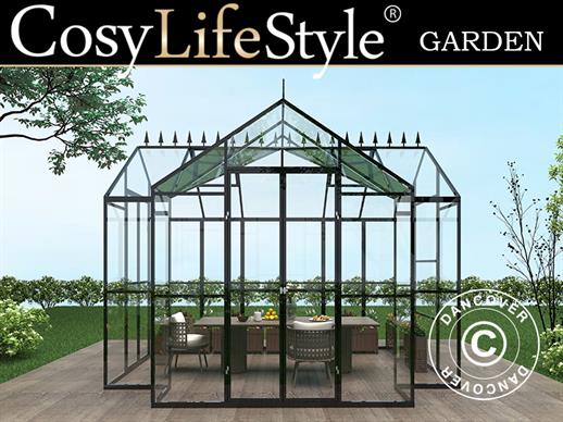 Serre orangerie en verre 8,8m², 3,7x2,38x2,8m avec base et crête, Noir