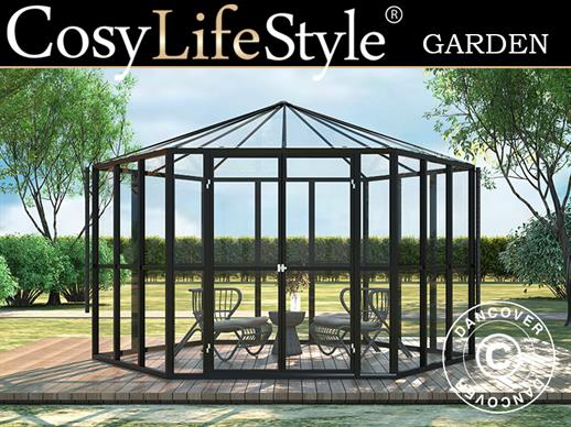 Invernadero orangerie con vidrio hexagonal 8,42m², 3,12x3,6x2,42m con base, Negro