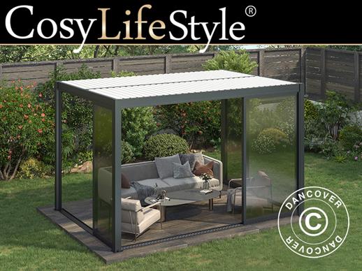 Gazebo pergolato bioclimatico San Pablo con porte scorrevoli, 4x4m, Nero/Bianco