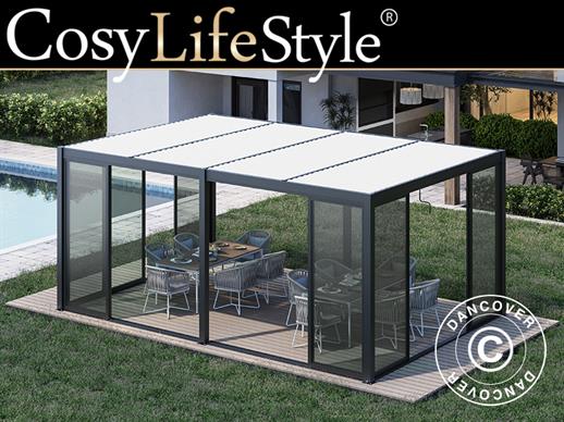 Gazebo pergola bioclimatico San Pablo con porte scorrevoli, 3x5,8m, Nero/Bianco