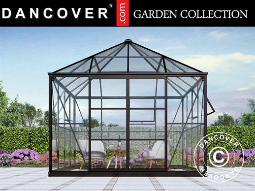 Serre orangerie/tonnelle de jardin en verre 8,06m², 2,82x2,86x2,8m avec base, Noir