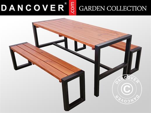 Picknickbord med 2 bänkar, 166x70cm/150x30cm, Mörkt trä/Svart