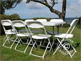 Party package, 1 folding table PRO (182 cm) + 8 chairs & 8 Seat cushions, Light grey/White