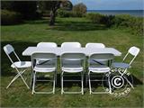 Conjunto de festa, 1 mesa dobrável PRO (182cm) + 8 cadeiras & 8 almofadas de cadeira, Luz cinza/Branco