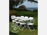 Conjunto de festa, 1 mesa dobrável PRO (182cm) + 8 cadeiras & 8 almofadas de cadeira, Luz cinza/Branco