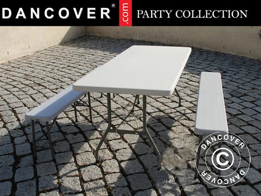 Conjunto de festa com 1 mesa dobrável (240cm) + 2 bancos desdobráveis (244cm)