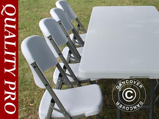 Party package, 1 folding table (150 cm) + 4 chairs, Light grey