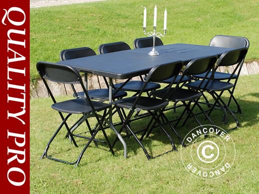 Parti forfait, 1 table pliante PRO (182cm) + 8 chaises pliantes, Noir