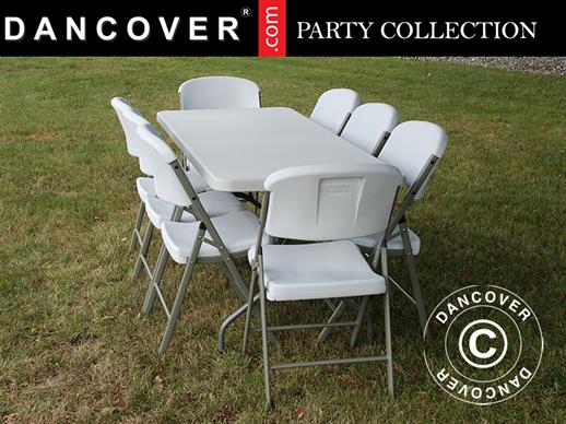 Party package, 1 folding table (240 cm) + 8 chairs, Light grey/White