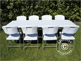 Party package, 1 folding table (240 cm) + 8 chairs, Light grey/White