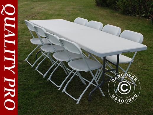 Conjunto de festa, 1 mesa dobrável PRO (242cm) + 8 cadeiras & 8 almofadas de cadeira, Luz cinza/Branco