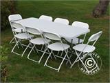 Rinkinys pobūviams, 1 pokylių stalas (180cm) + 8 kėdės, Šviesiai pilka/Balta
