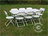 Parti forfait, 1 table pliante (180cm) + 8 chaises pliantes, Gris clair/Blanc