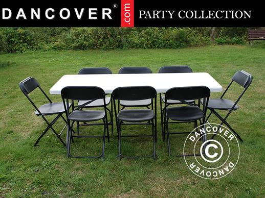 Pakiet Party, 1 składany stół (180cm) + 8 Krzesła składane, Jasny szary/Czarny