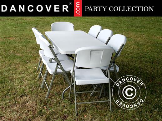 Party package, 1 folding table (180cm) + 8 chairs, Light grey/White